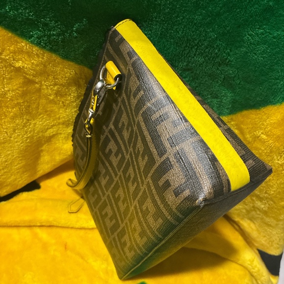 PRE LOVED FENDI Brown Monogram Wristlet with Yellow Detachable Strap - Picture 1 of 10